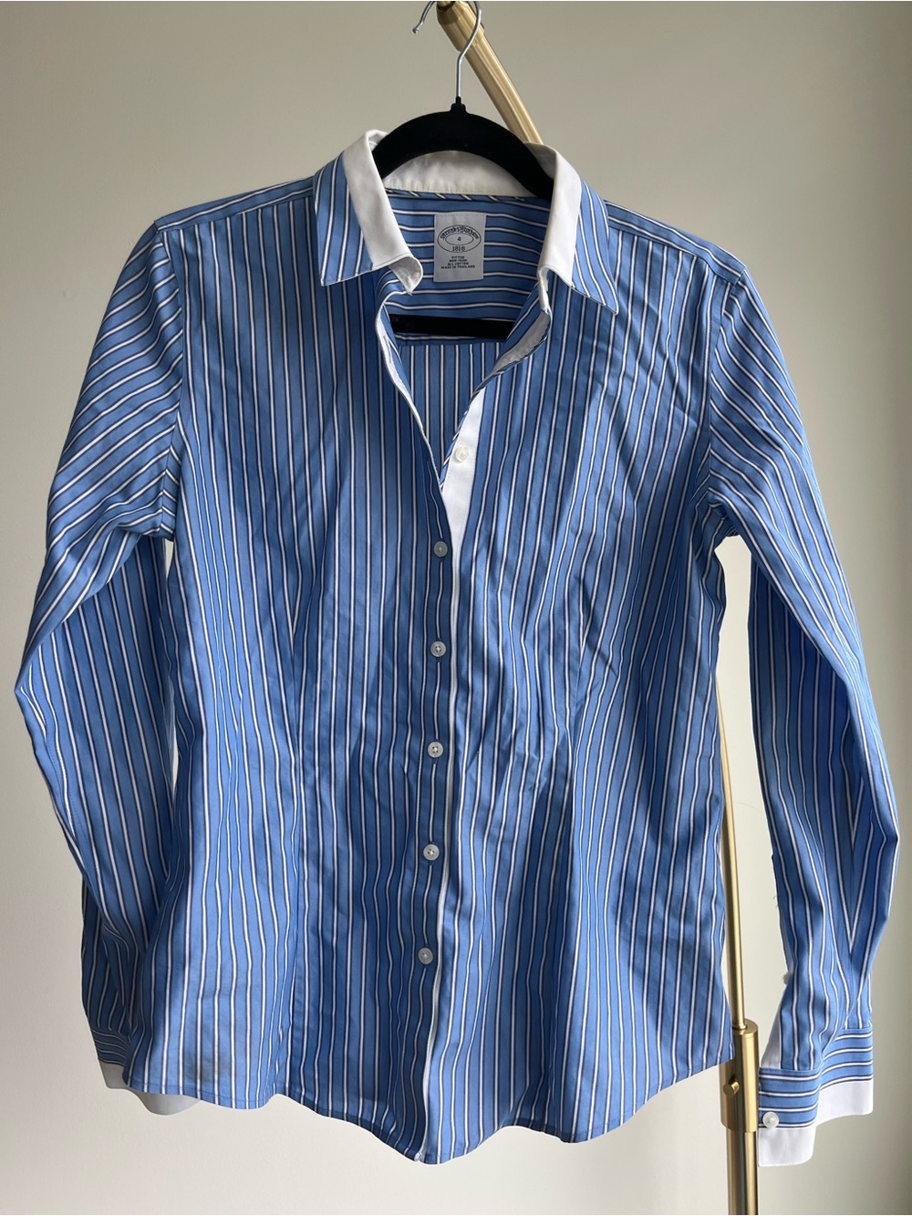 Women’s Brooks Brothers Blue and White Striped Dress Shirt with Contrast Collar